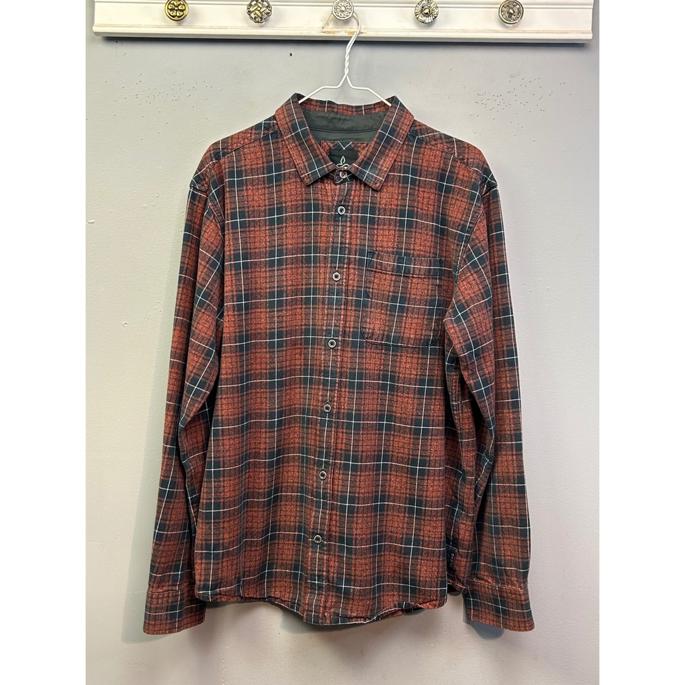 prAna Button Down Shirt Mens Large Rust Plaid Organic Cotton Outdoors Gorpcore